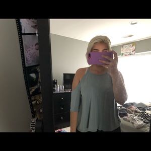 light blue, open shoulder top